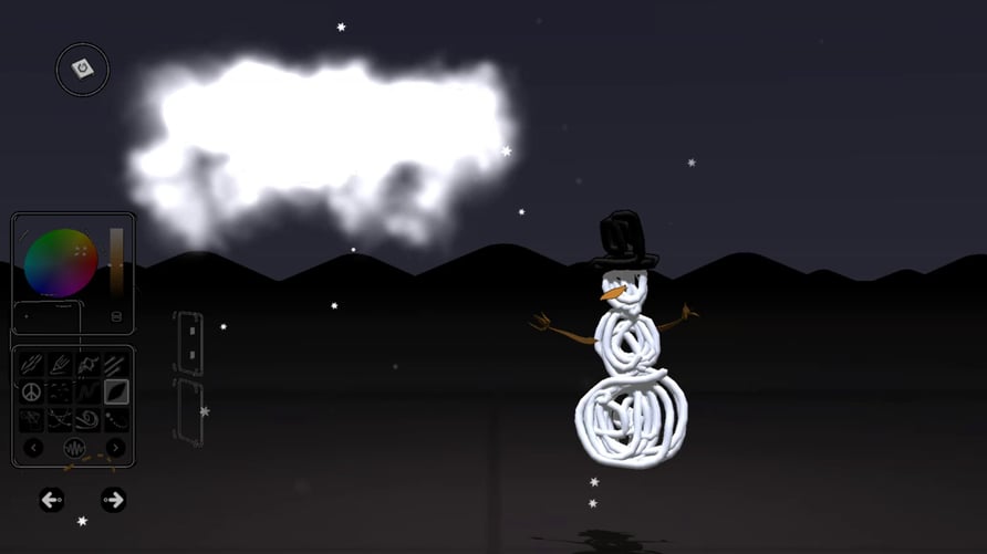 "A digital drawing of a snowman wearing a top hat and stick arms, created using the Tilt Brush application on zSpace. The snowman is set against a dark, starry night sky with a large cloud and mountain silhouettes in the background.