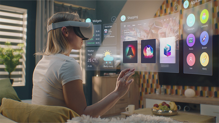 "Person wearing a VR headset interacts with a futuristic augmented reality interface in a modern living room. The interface displays various widgets, including weather updates, social media notifications, and shopping apps.