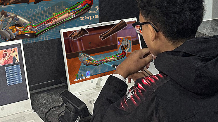 A student wearing glasses and a black hoodie with red accents uses a zSpace laptop to study a detailed 3D model of a robotic arm. The screen displays various components in an exploded view, highlighting the intricate design. Another zSpace laptop is visible beside the student, emphasizing the use of advanced technology in STEM education.