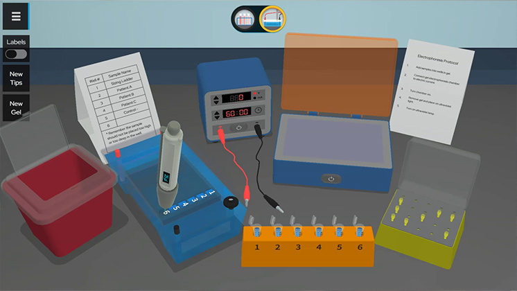 Screenshot from the zSpace Experiences application, featuring the lesson titled "Testing for the Flu". The image displays a virtual lab setup with various equipment, including a gel electrophoresis box, pipette, power supply, and labeled samples. This virtual environment demonstrates the electrophoresis process for flu testing, offering an interactive and educational experience.