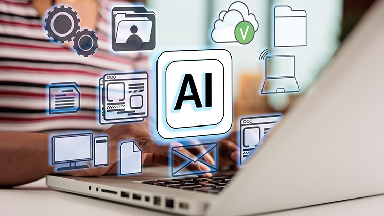 Person typing on a laptop with AI and various digital icons overlayed, representing artificial intelligence integration in technology and digital tools.