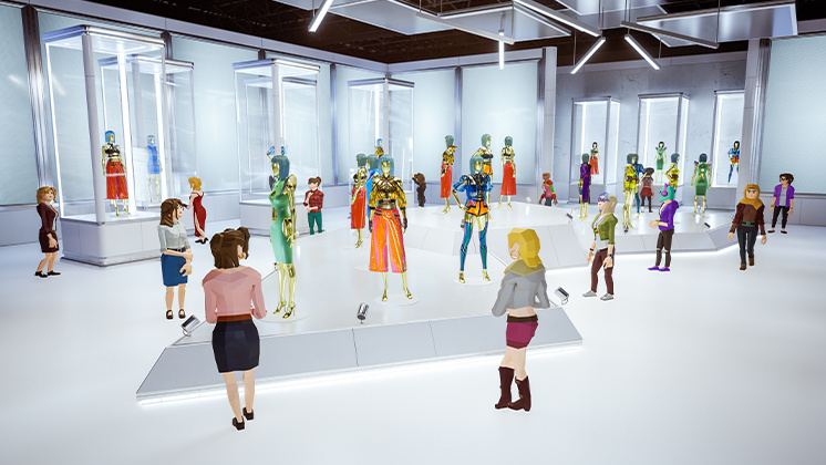 Virtual clothing store with digital avatars showcasing colorful, futuristic outfits. The avatars are displayed in a well-lit virtual space with glass cases and spotlights highlighting the fashion. The virtual environment creates an engaging and interactive shopping experience, blending technology and style.