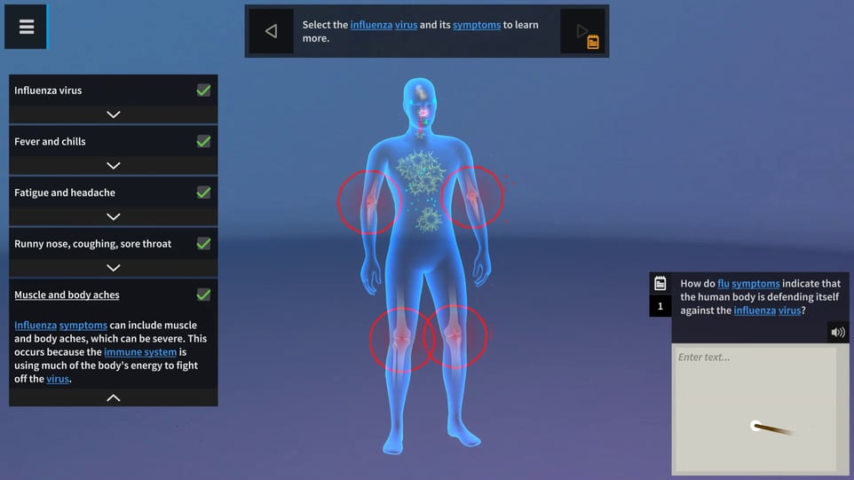 Screenshot from the zSpace Experiences application showcasing the lesson "Human Response to the Flu." The image features a human body with highlighted areas indicating flu symptoms such as fever, chills, fatigue, headache, runny nose, coughing, sore throat, and muscle aches. The left panel lists these symptoms, while the right panel explains how they represent the body's defense against the influenza virus. This educational tool emphasizes understanding the immune response to the flu.