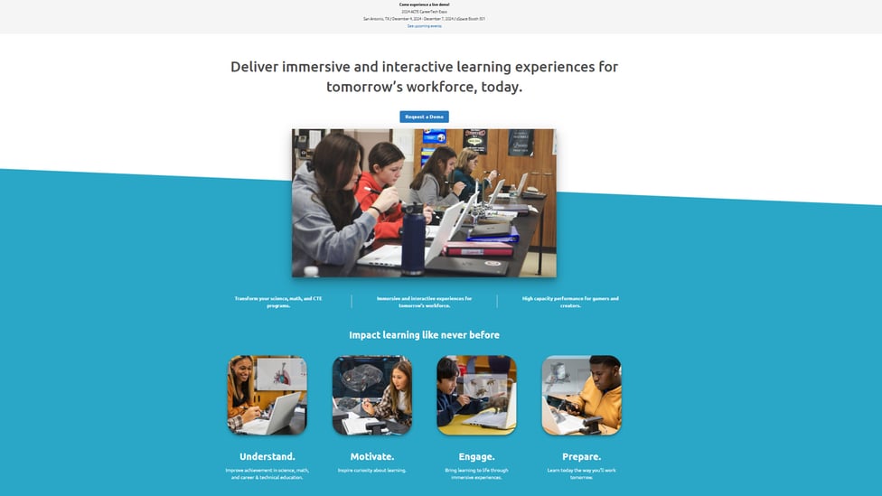 Students engaged in immersive and interactive learning experiences using laptops and educational tools in a classroom setting. The image highlights the use of technology to enhance science, math, and career & technical education programs, preparing students for tomorrow's workforce.