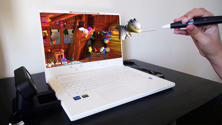 A zSpace Inspire laptop displaying an augmented reality (AR) scene where a user interacts with a 3D dinosaur model using a stylus. The AR scene includes vibrant objects and characters, highlighting the zSpace Inspire's capability for immersive and interactive learning experiences.