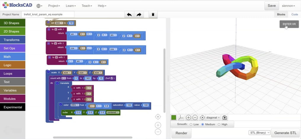 BlocksCAD interface showcasing a 3D trefoil knot generated using parametric equations. The screen displays block-based code for the knot on the left and a colorful 3D model on the right. This demonstrates how BlocksCAD can create complex 3D shapes with mathematical precision, useful for STEM education