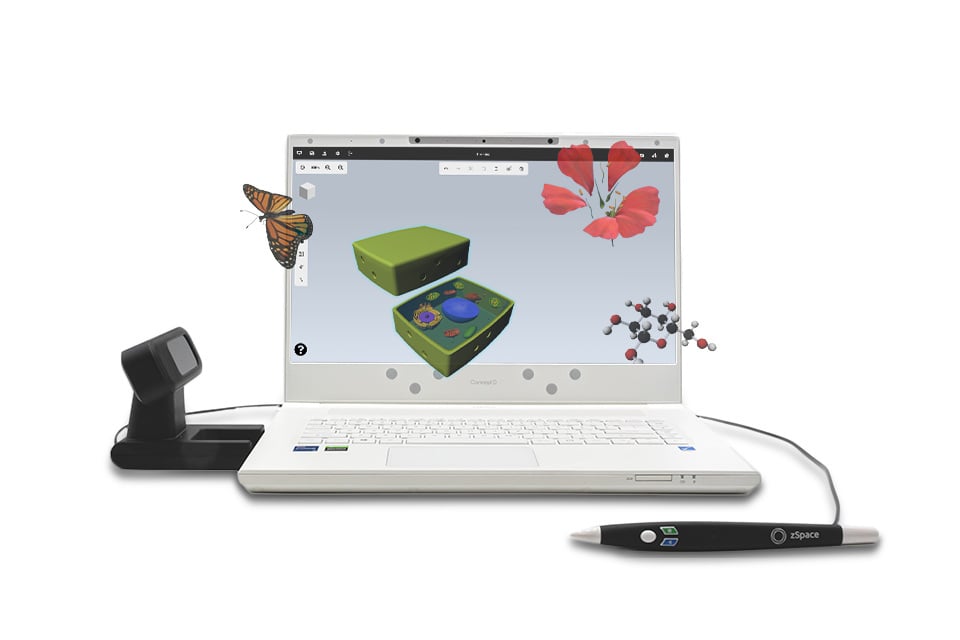 zSpace Inspire laptop showcasing interactive 3D learning with a stylus and sensor. The screen displays a 3D model of a cell, with augmented reality elements like a butterfly, flower, and molecular structure appearing to come out of the screen.