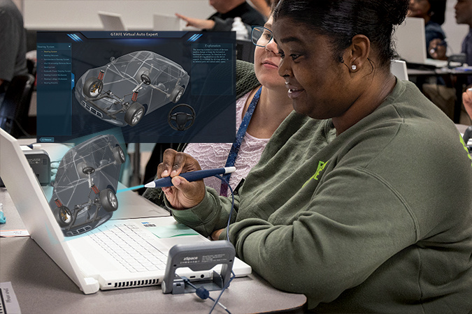 Person using a zSpace laptop and stylus to interact with a 3D virtual auto expert application. The screen shows a detailed 3D model of a car's internal components, including the engine, wheels, and steering system. The person is in a classroom or training environment, highlighting zSpace's technology for educational purposes in automotive engineering or mechanics. This image emphasizes the immersive and interactive learning experience provided by zSpace.