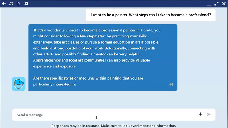 Screenshot of Career Coach AI on zSpace providing steps to become a professional painter. The application suggests practicing skills, taking art classes, building a portfolio, connecting with other artists, and seeking apprenticeships. This showcases how Career Coach AI on zSpace offers personalized career guidance in the arts.