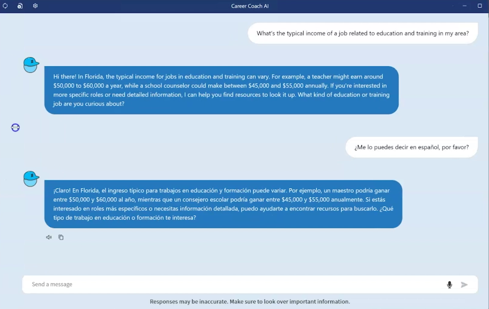 Screenshot of a Career Coach AI conversation. The user asks about typical income for education and training jobs in Florida. The AI provides salary ranges for teachers ($50,000-$60,000) and school counselors ($45,000-$55,000), both in English and Spanish.