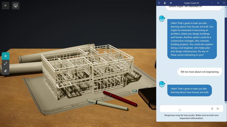 A detailed 3D model of a building structure sits on top of architectural blueprints on a wooden desk. The scene includes rolled-up blueprints, pens, and a notebook, suggesting a workspace for architects or civil engineers. On the right side of the image, a chat window from Career Coach AI discusses career options in architecture, construction management, and civil engineering, highlighting the relevance of the model and blueprints to these professions.