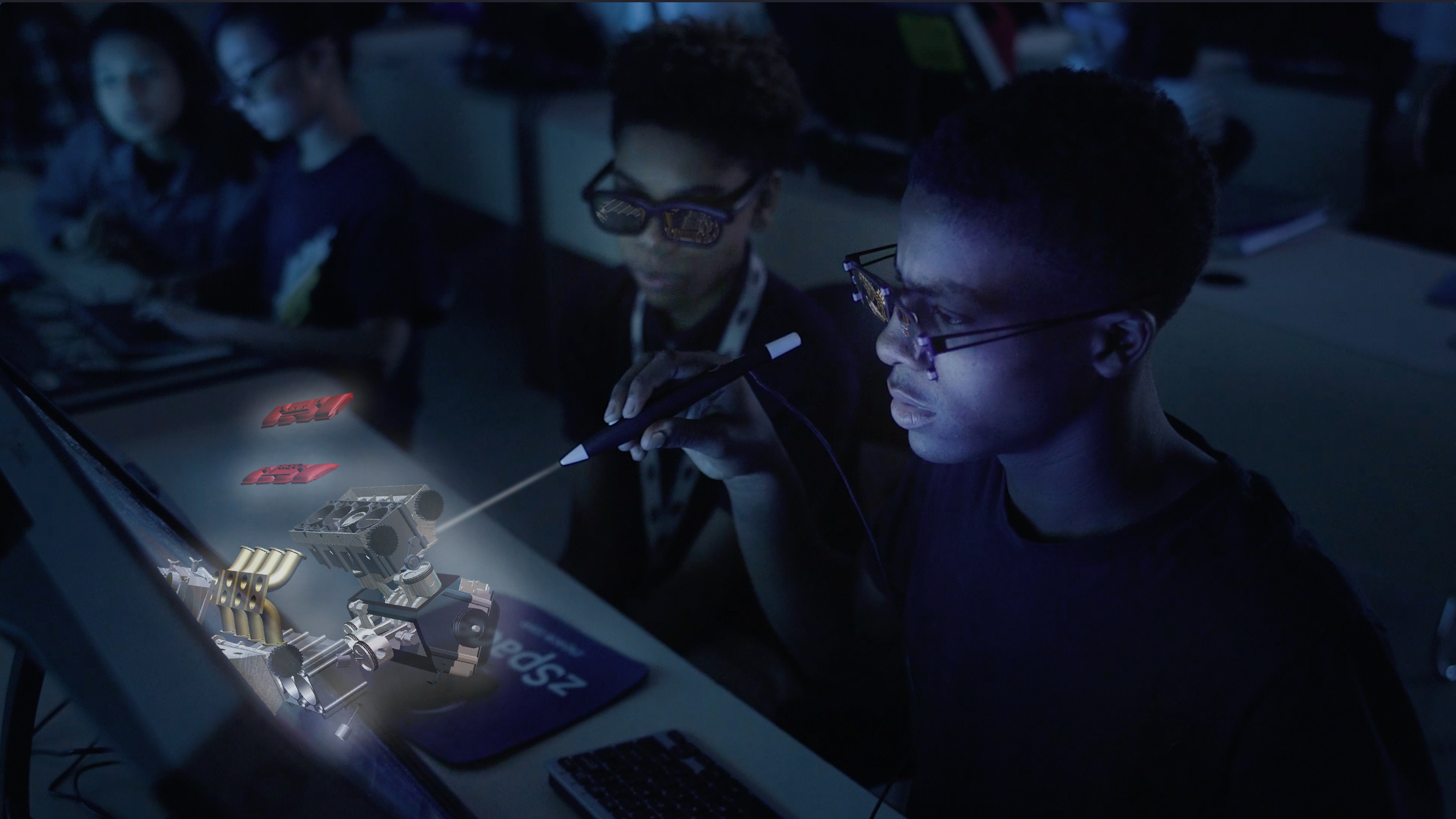 "Students using zSpace AR/VR technology to interact with a 3D model of a mechanical object in a classroom setting. One student is holding a stylus and engaging with the virtual model projected on a screen. This image showcases the integration of advanced augmented and virtual reality technology in education, providing interactive and immersive learning experiences.